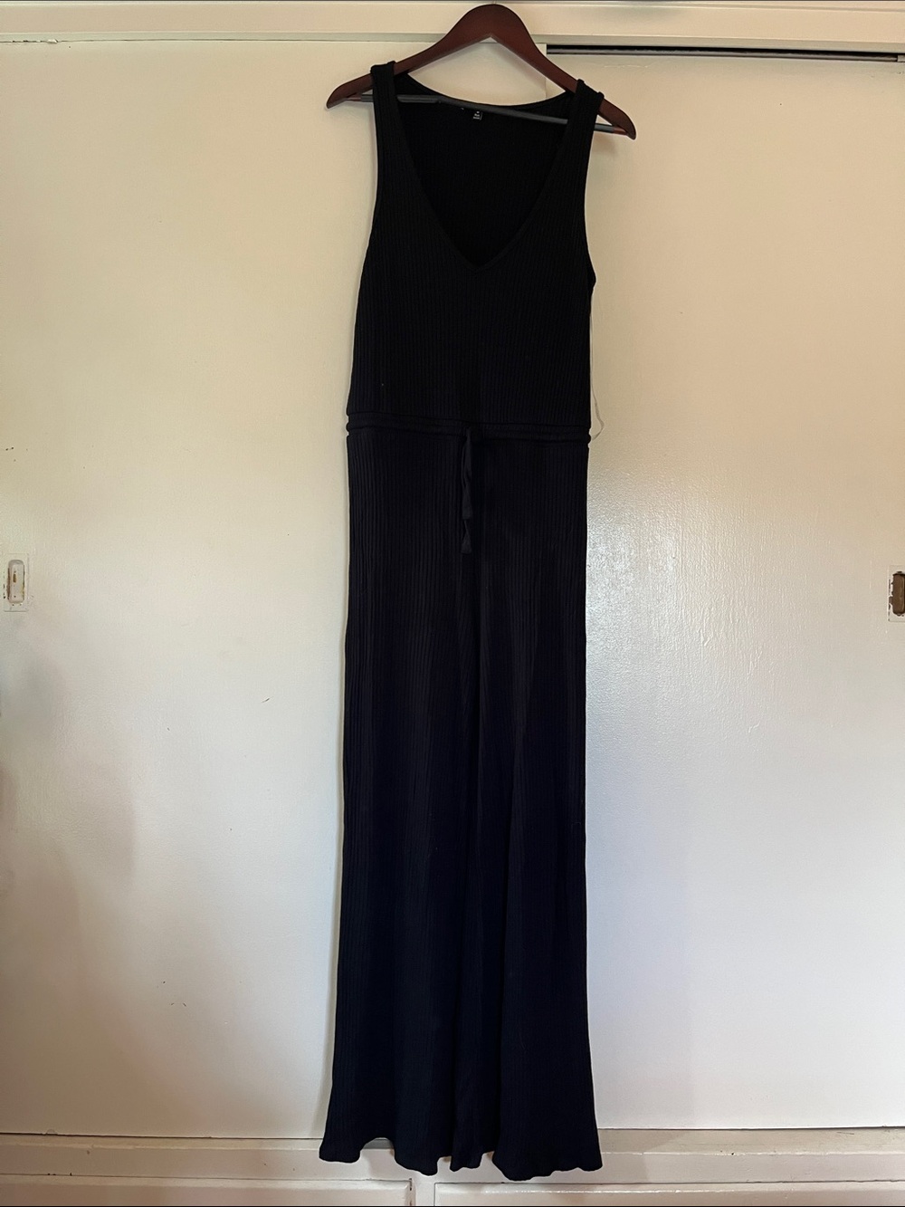 Beyond Yoga Black Ribbed V-Neck Jumpsuit with Waist Tie